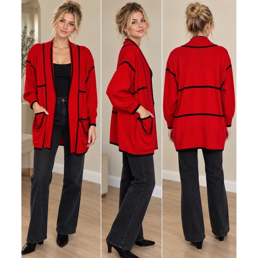Vintage 1980s Arola Finland Red Black Graphic Knit Cardigan Jacket Size 10 SONY